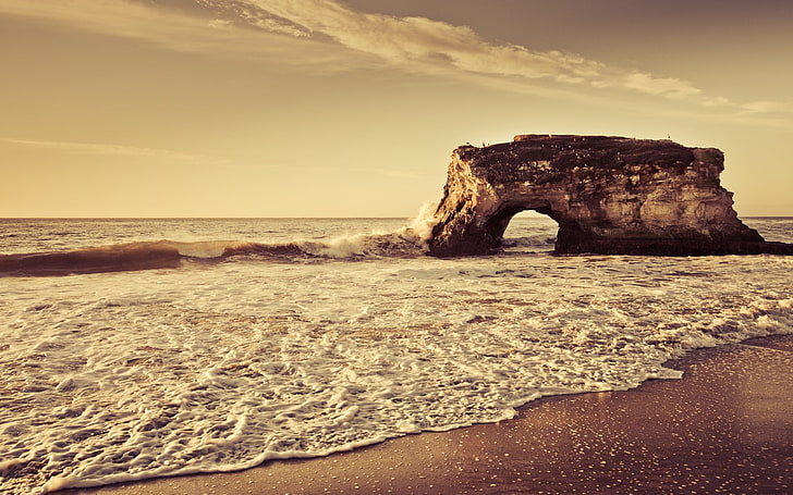 eau, rocher, plage, ciel, Fond d'écran HD