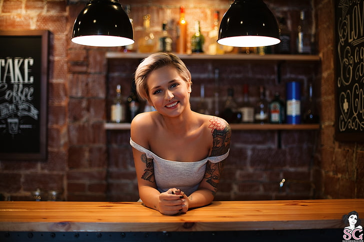 Valeriya, Suicide Girls, blackboard, bar, tattoo, dress, HD wallpaper