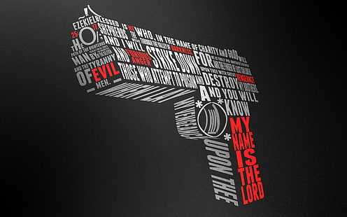 Pulp Fiction, gun, text, word clouds, typography, artwork, weapon, minimalism, simple background, HD wallpaper HD wallpaper