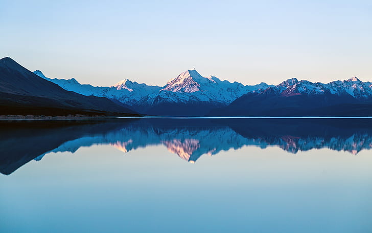 Reflection On The Lake, blue, dusk, lakepukaki, lakes, landscape, mountcook, mountains, nature, newzealand, photography, reflections, sunset, HD wallpaper
