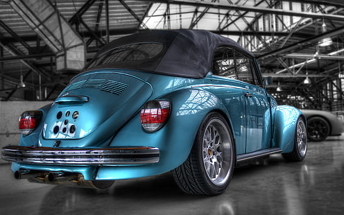 Volkswagen Super Beetle, син и черен volkswagen beetle, супер бръмбар, vw бръмбар, hdr, ретро автомобили, стари автомобили, класически автомобили, HD тапет HD wallpaper
