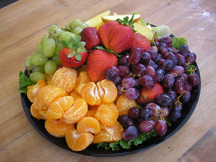 assorted fruits, strawberries, grapes, mandarin, gooseberry, fruit, plate, HD wallpaper