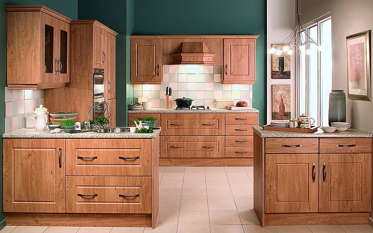 ชุดตู้ครัวไม้สีน้ำตาลออกแบบบ้านสไตล์ห้องตกแต่งภายในห้องครัวอพาร์ทเมนท์, วอลล์เปเปอร์ HD