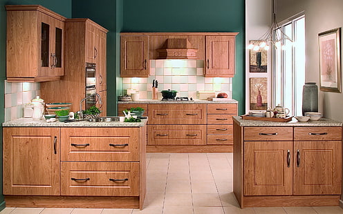 Ensemble d'armoires de cuisine en bois marron, design, maison, style, chambre, intérieur, cuisine, appartement, Fond d'écran HD HD wallpaper