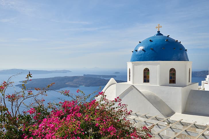 morze, Wyspy, Santorini, Grecja, Kościół, kopuła, Morze Egejskie, Morze Egejskie, bugenwille, Imerovigli, Tapety HD