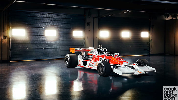 McLaren M26 James Hunt Dubai Autodrome, white-and-red marlboro f1 car, dubai, mclaren, james, hunt, autodrome, cars, HD wallpaper