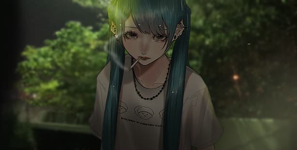 Anime, Anime Girls, deprimierend, Zigaretten, Garten, Piercing, schwarze Augen, Halskette, Rauchen, HD-Hintergrundbild HD wallpaper