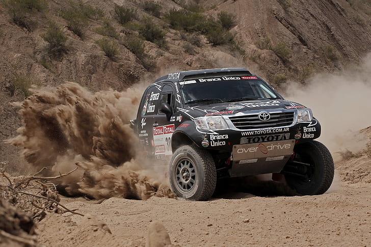 Sand, Black, Turn, Skid, Lights, Toyota, SUV, The front, Competition, HD wallpaper