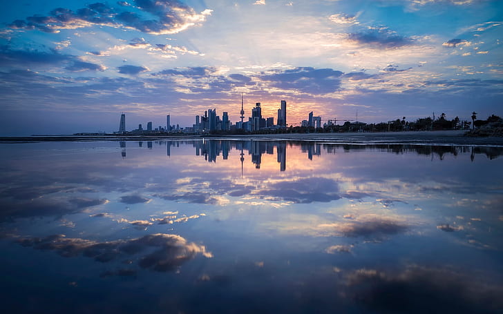 Anochecer, Kuwait City, edificios, mar, nubes, horizonte de la ciudad, Anochecer, Kuwait, ciudad, edificios, mar, nubes, Fondo de pantalla HD