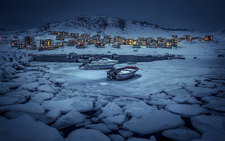 Gray Jon Boot, Natur, Landschaft, Berge, Schnee, Wasser, Winter, Boot, Grönland, Abend, Lichter, Haus, Dörfer, Eis, HD-Hintergrundbild