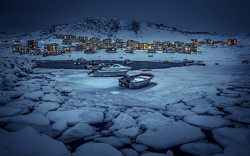 szara łódź jon, natura, krajobraz, góry, śnieg, woda, zima, łódź, Grenlandia, wieczór, światła, dom, wsie, lód, Tapety HD HD wallpaper