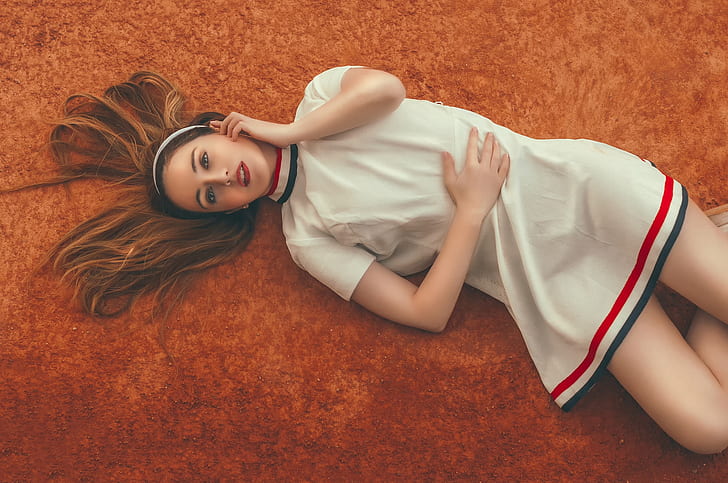 women, long hair, white dress, model, lying down, lying on back, brunette, red lipstick, open mouth, top view, HD wallpaper