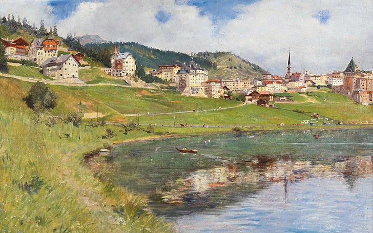1910, peintre italien, huile sur toile, le canton des Grisons, Suisse, Alberto Rossi, vue sur le lac de Saint-Moritz, vue sur le lac de Saint-Moritz, Fond d'écran HD