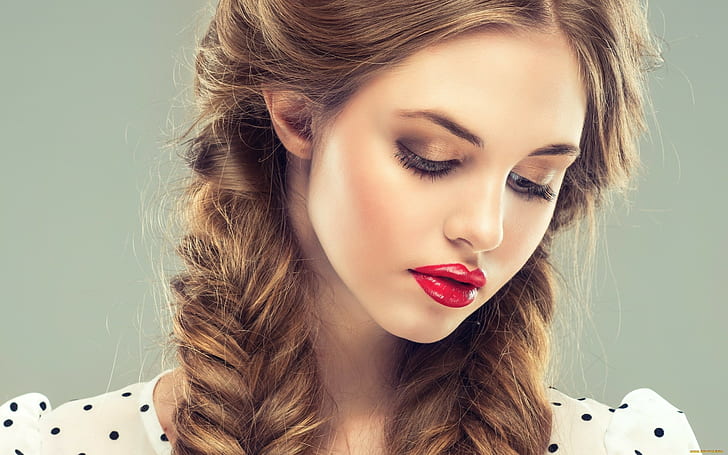 women, auburn hair, red lipstick, HD wallpaper