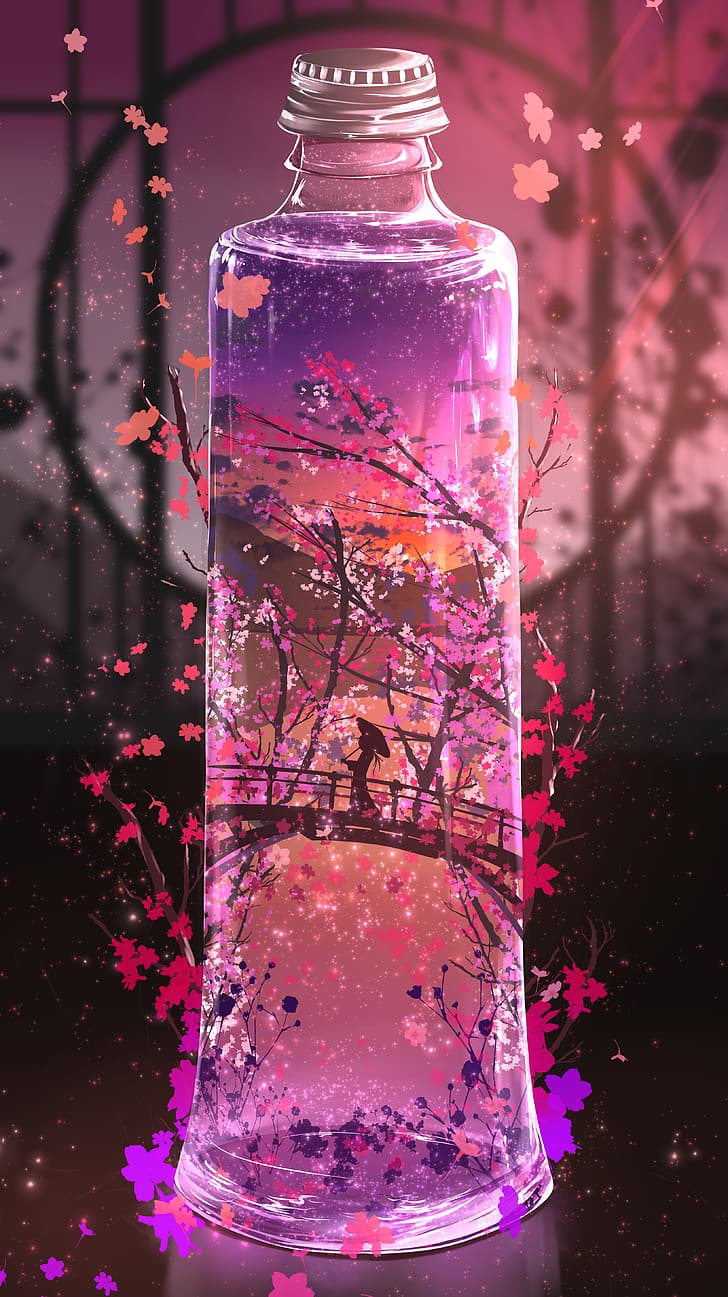Цучия, вишневый цвет, внутри стакана, гербарий, HD обои, телефон обои
