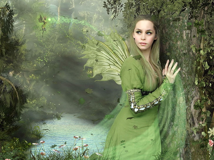 woman in green dress, fairy, girl, wings, wood, lake, HD wallpaper
