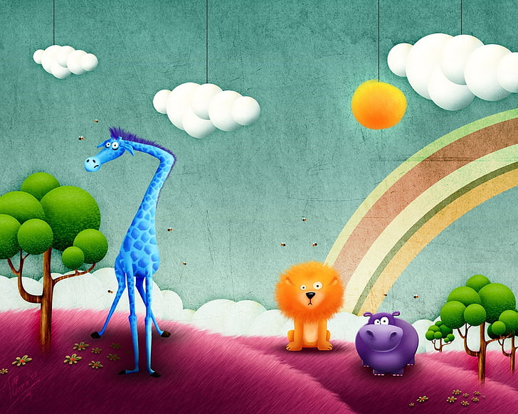 animals and rainbow wallpaper, funny, animals, drawing, rainbow, HD wallpaper