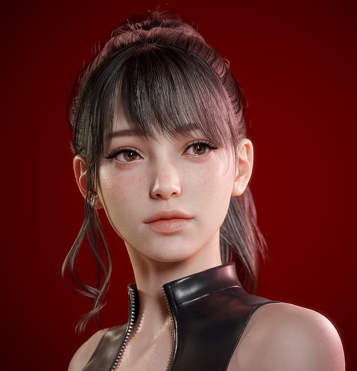 Sihwa Lee ผู้หญิง เอเชีย 3D CGI แสดงผล ใบหน้า แนวตั้ง ArtStation พื้นหลังสีแดง พื้นหลังที่เรียบง่าย สีน้ำตาล ตาสีน้ำตาลแดง, วอลล์เปเปอร์ HD, วอลเปเปอร์โทรศัพท์