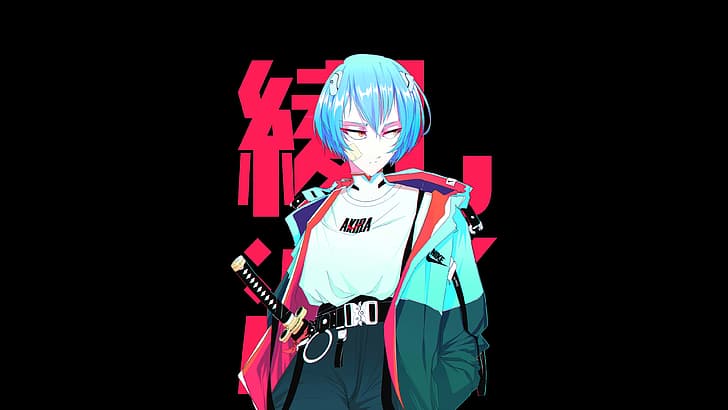 Neon Genesis Evangelion, kvinnor med svärd, katana, Akira, kort hår, vattenhår, kanji, blå jacka, Ayanami Rei, anime, animeflickor, svart bakgrund, minimalism, enkel bakgrund, HD tapet