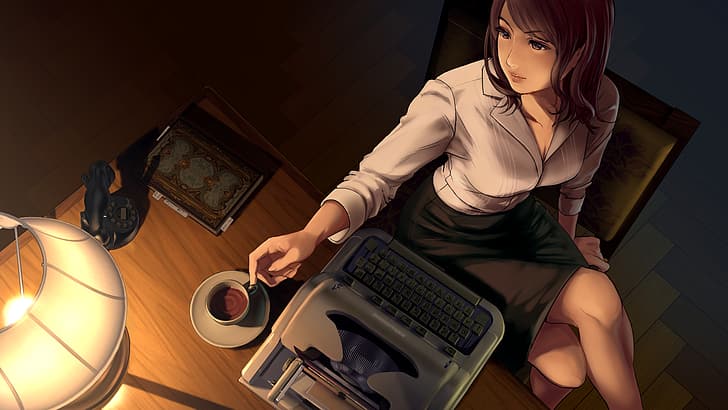 пишущие машинки, офисная девушка, HD обои