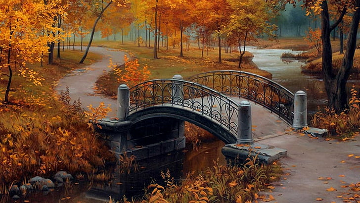 nature, painting, autumn, leaf, bridge, tree, creek, landscape, river, park, art, artwork, HD wallpaper