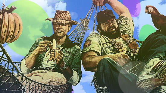 painting of two men on hammocks, movies, Terence Hill, Bud Spencer, HD wallpaper HD wallpaper