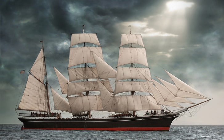 barca a vela nera, bianca e rossa, veliero, nave, veicolo, Sfondo HD