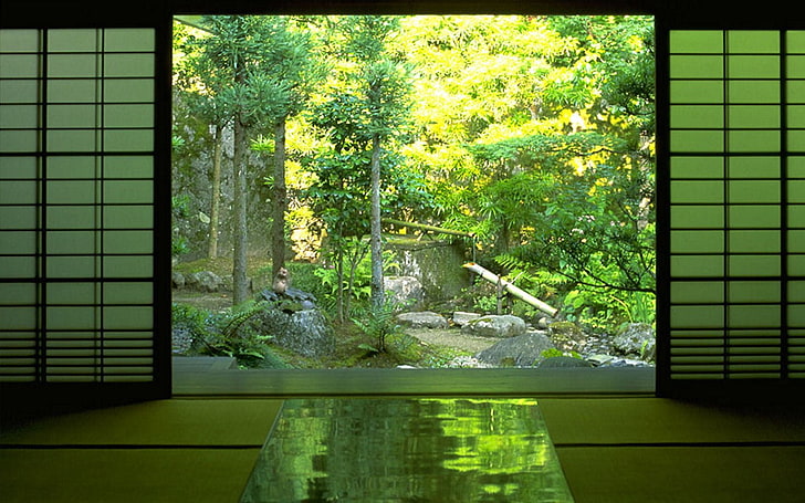 два бели екрана Shoji, дзен, природа, гора, HD тапет