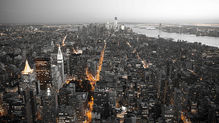 hitam, lanskap kota, oranye, Kota New York, putih, Wallpaper HD