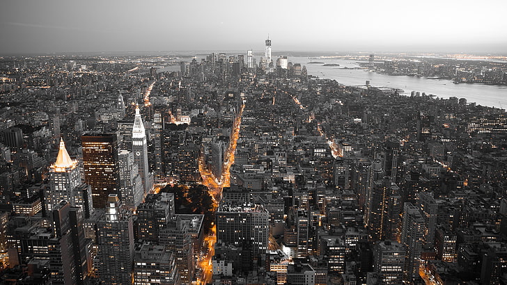 городские здания, вид сверху на стеклянные здания в городе, городской пейзаж, черный, белый, нью-йорк, оранжевый, HD обои