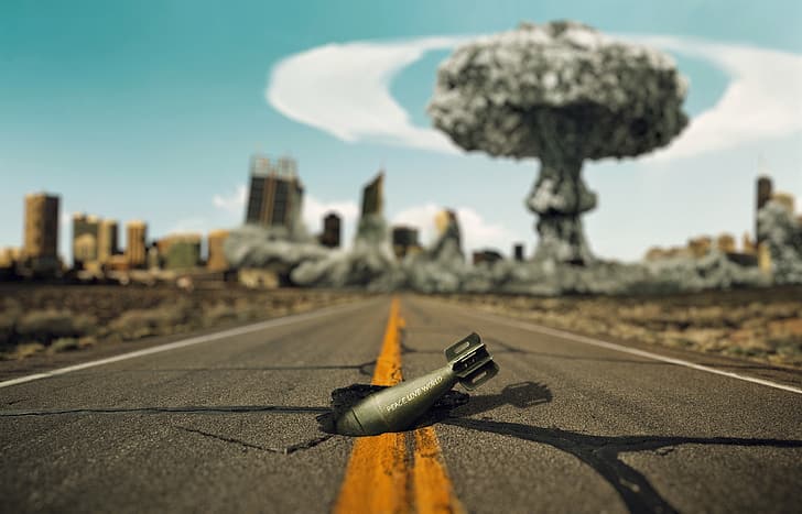 road, the explosion, the city, cracked, war, mushroom, world, hole, destruction, pit, love, peace, nuclear, mine, Bomb, money., HD wallpaper