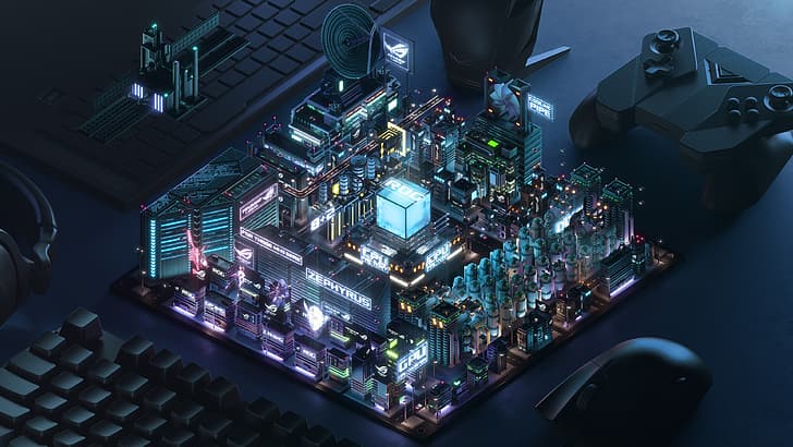 motherboards, neon, neon city, ASUS, Republic of Gamers, controllers, computer mice, keyboards, HD wallpaper
