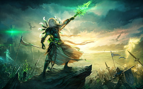 guerriero che brandisce un'opera d'arte digitale con lancia verde, fantasy art, videogiochi, Heroes of Might e Magic VI, eroe, Sfondo HD HD wallpaper