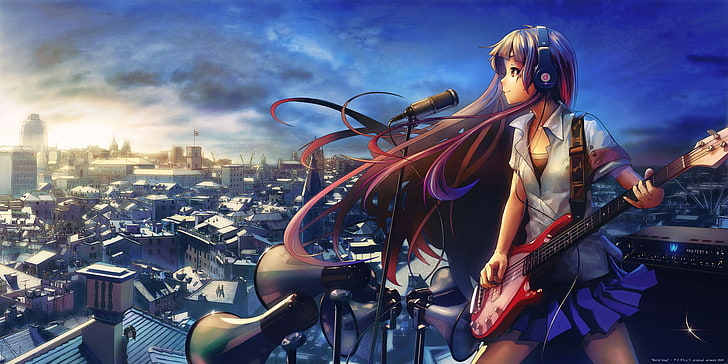 anime woman playing guitar on the rooftop wallpaper, black haired female anime character holding a white and red electric guitar, anime, anime girls, headphones, K-ON!, Akiyama Mio, cityscape, guitar, music, HD wallpaper
