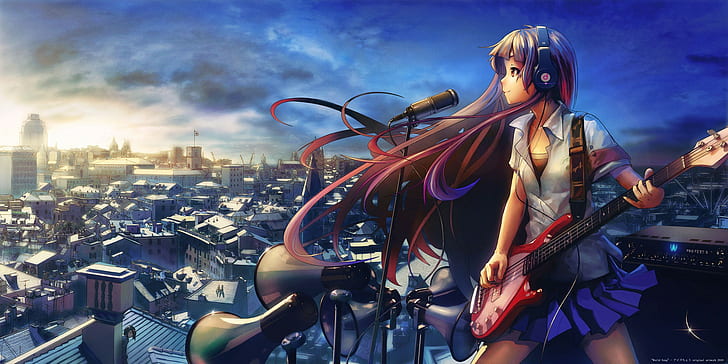 headphones, anime, guitar, music, Akiyama Mio, cityscape, K-ON!, anime girls, HD wallpaper