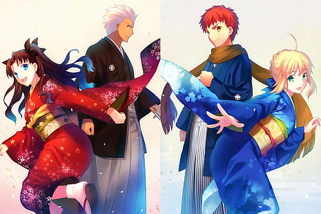 Fate Series, Tohsaka Rin, สาวการ์ตูน, Saber, Shirou Emiya, กิโมโน, Archer (Fate / Stay Night), วอลล์เปเปอร์ HD HD wallpaper