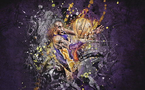 Illustrazione di Kobe Bryant, Figura, La palla, Pallacanestro, Viola, Lakers, Kobe Bryant, Giocatore, Spalding, Sfondo HD HD wallpaper