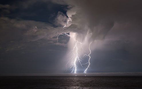 body of water, sea, lightning, clouds, storm, sky, HD wallpaper HD wallpaper