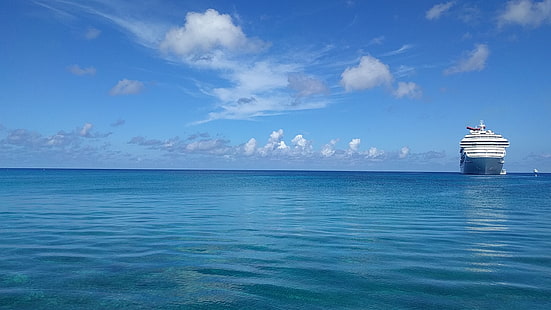 blue and white sea waves painting, sea, atlantic ocean, cruise ship, clouds, blue, horizon, cyan, sky, water, ship, HD wallpaper HD wallpaper