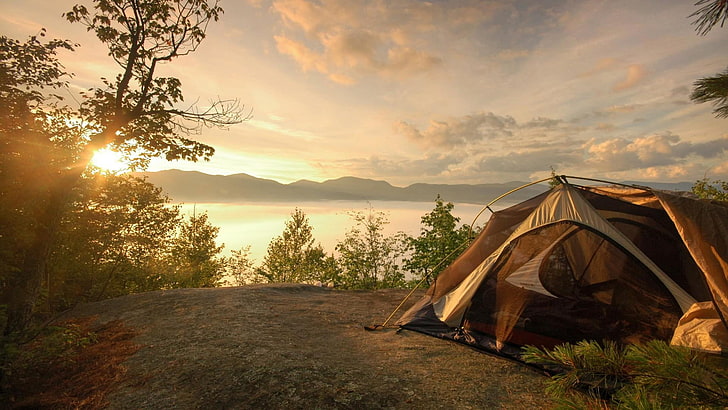 sunset, tent, outdoor, trip, excursion, landscape, lake, life, HD wallpaper