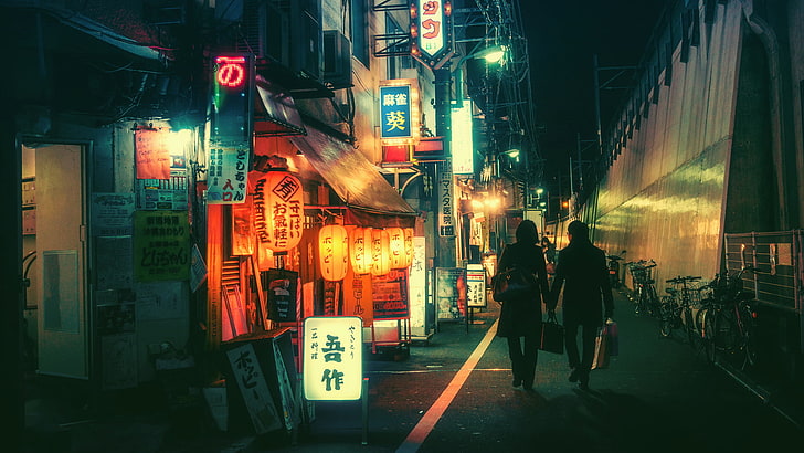 mantel hitam wanita, Tokyo, backstreet, lentera, Jepang, sepeda, neon, kanji, Wallpaper HD