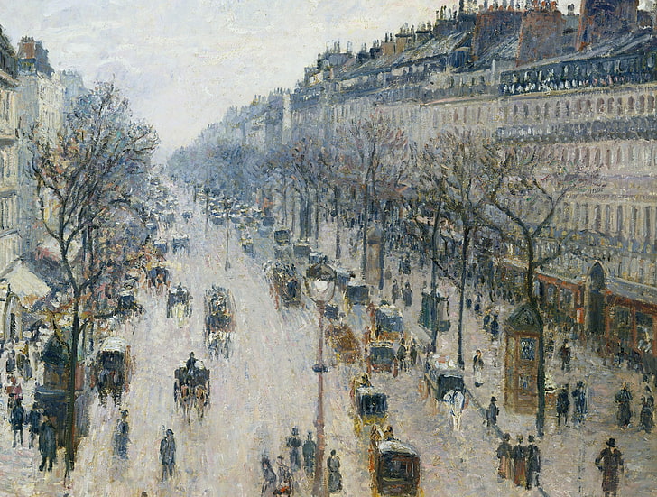 rumah, gambar, pagi, lanskap kota, The Boulevard Montmartre.Pagi Musim Dingin, Camille Pissarro, Wallpaper HD