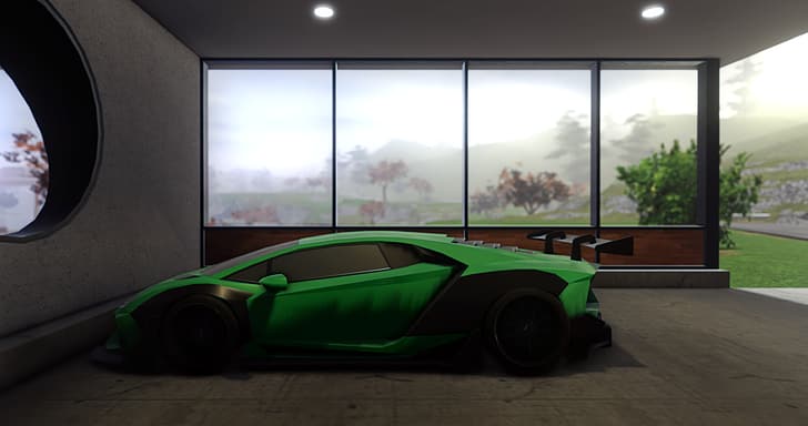 Lamborghini, voiture verte, becquet de voiture, garage, montagnes, vue, Roblox, Pacifico (Roblox Game), Fond d'écran HD