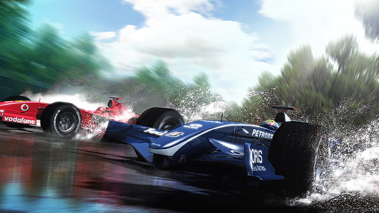 две красно-синие машины формулы 1, Ferrari, вода, гонки, Уильямс, HD обои HD wallpaper