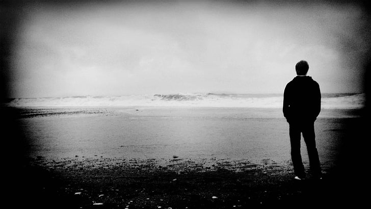 black jacket, people, shore, solitude, reflection, black and white, HD wallpaper