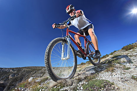 red hardtail bike, cyclist, traffic, sports, HD wallpaper HD wallpaper