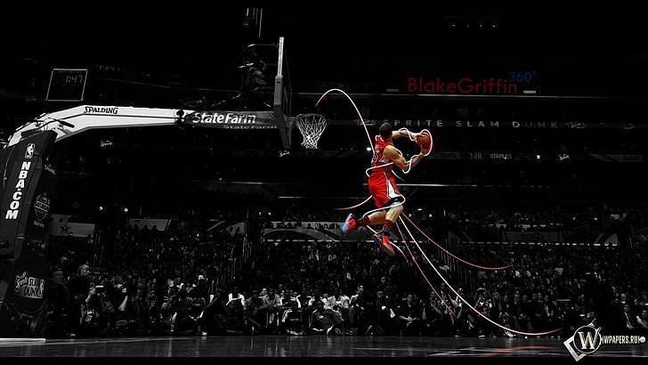 red basketball, NBA, selective coloring, basketball, jumping, HD wallpaper