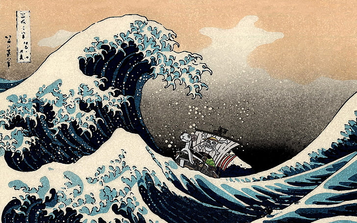 Monkey D.Luffy statek i malowanie fal oceanicznych, One Piece, Monkey D. Luffy, Hokusai, fale, Wielka fala w Kanagawie, Tapety HD