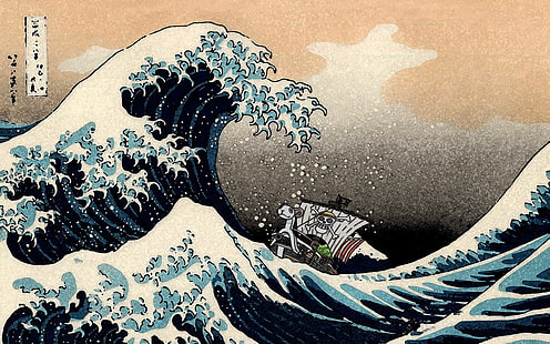 Обезьяна Д. Луффи с изображением корабля и океанской волны, One Piece, Обезьяна Д. Луффи, Хокусай, волны, Большая волна у Канагавы, HD обои HD wallpaper