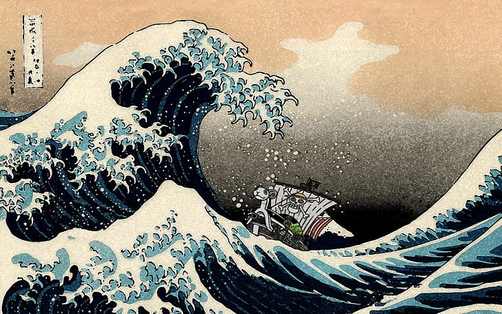 One Piece, vagues, Monkey D. Luffy, La Grande Vague au large de Kanagawa, Hokusai, Fond d'écran HD